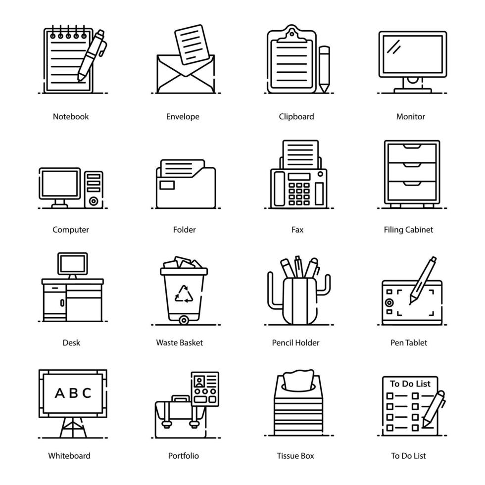 artículos de papelería y accesorios iconos vector