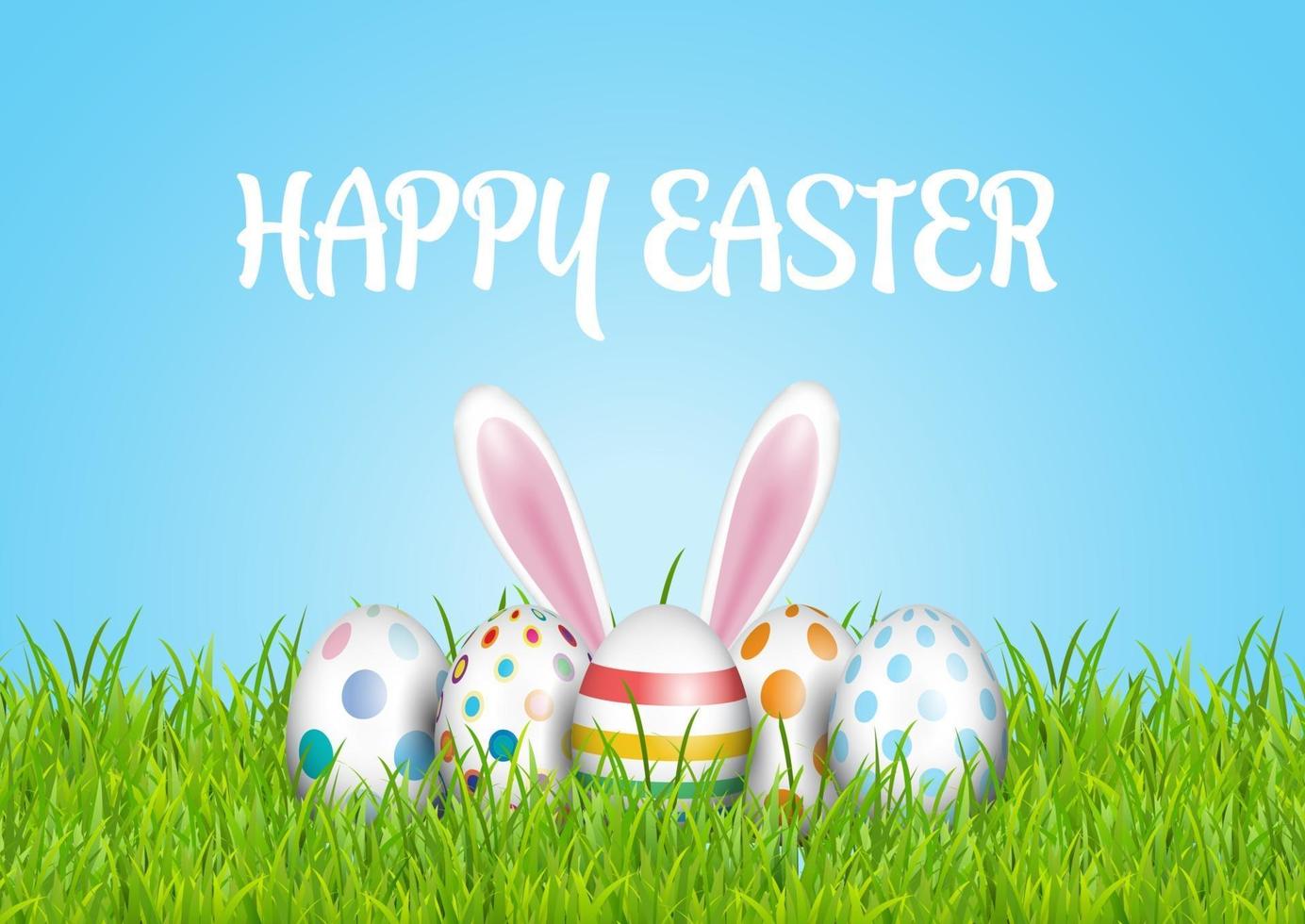 easter background with eggs in grass and bunny ears vector