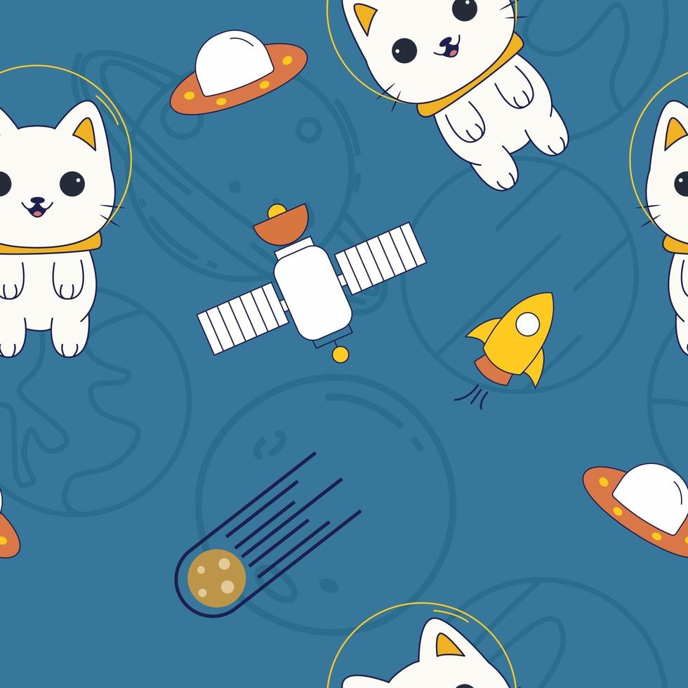 Seamless pattern with astronaut cats, intergalactic adventure vector