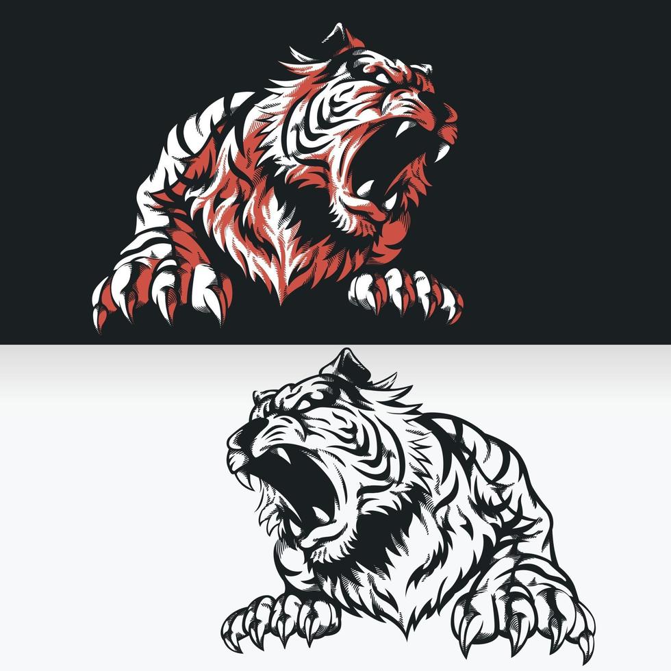 Silhouette of Tiger Roaring, Front View Stencil Isolated Vector Drawing