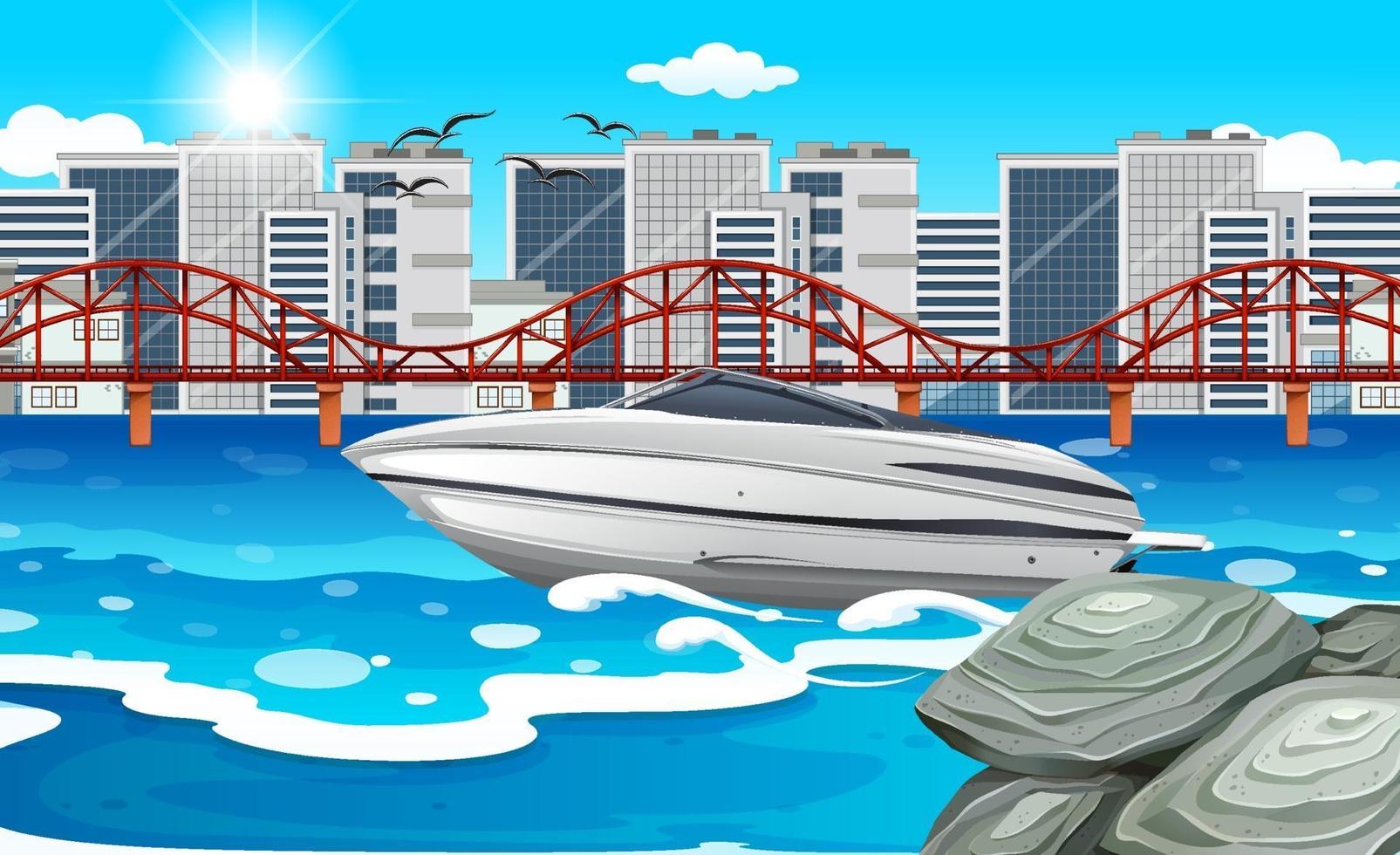 A speed boat in the river with city background vector