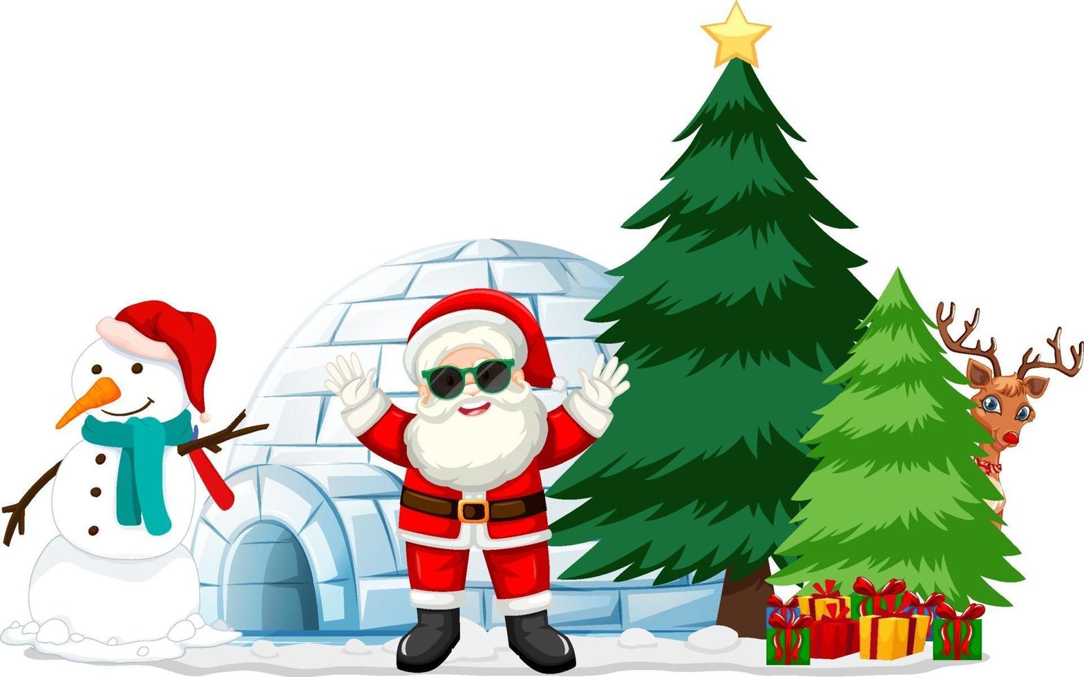 Papá Noel con muchos regalos e iglú sobre fondo blanco. vector