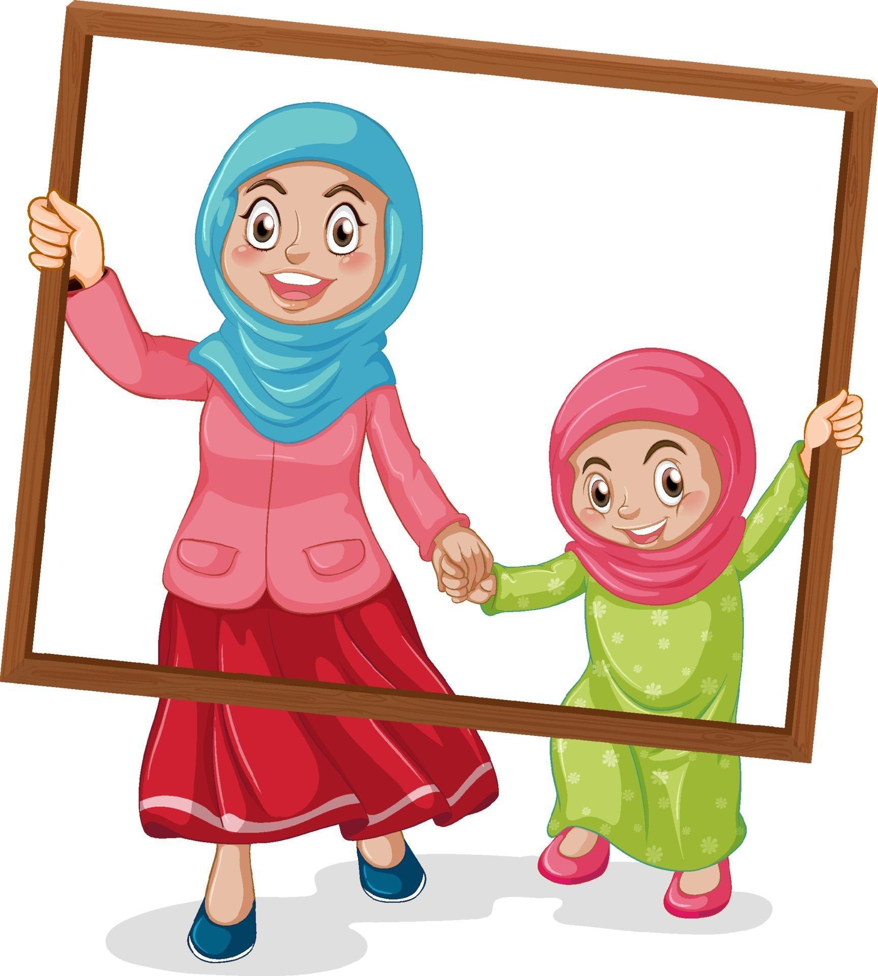 Happy mother and daughter holding photo frame 2211555 Vector Art at