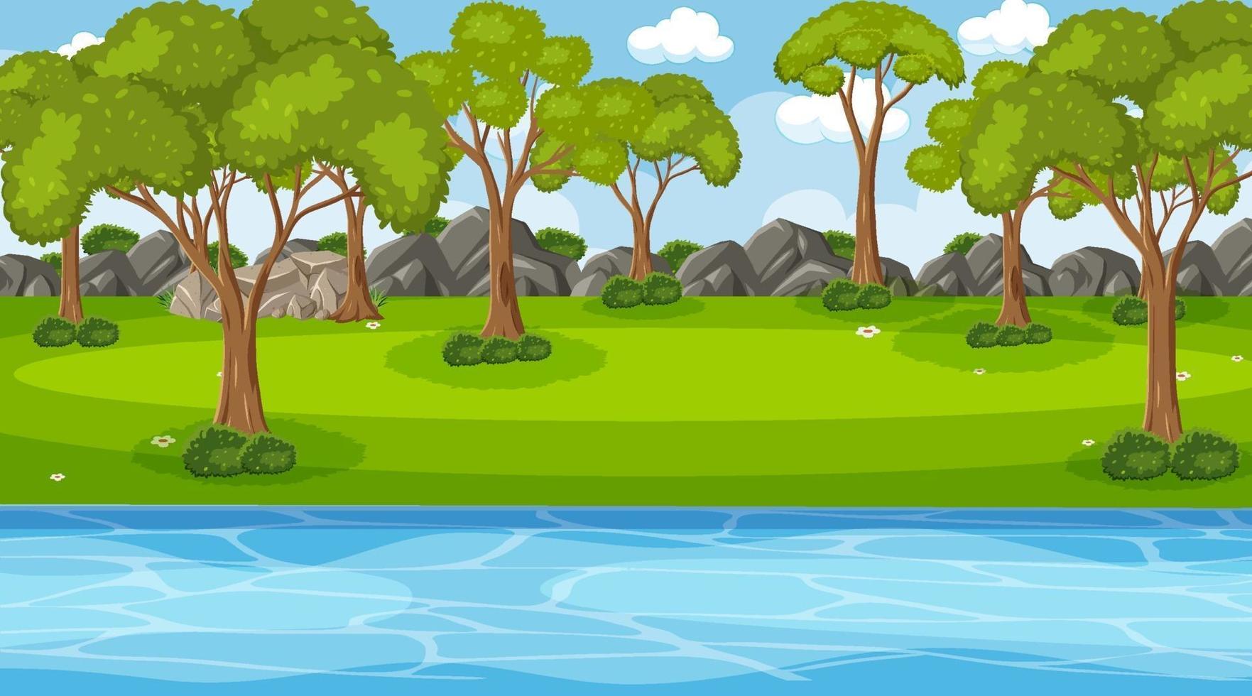 Scene with many trees in the forest along the river 2211557 Vector Art ...