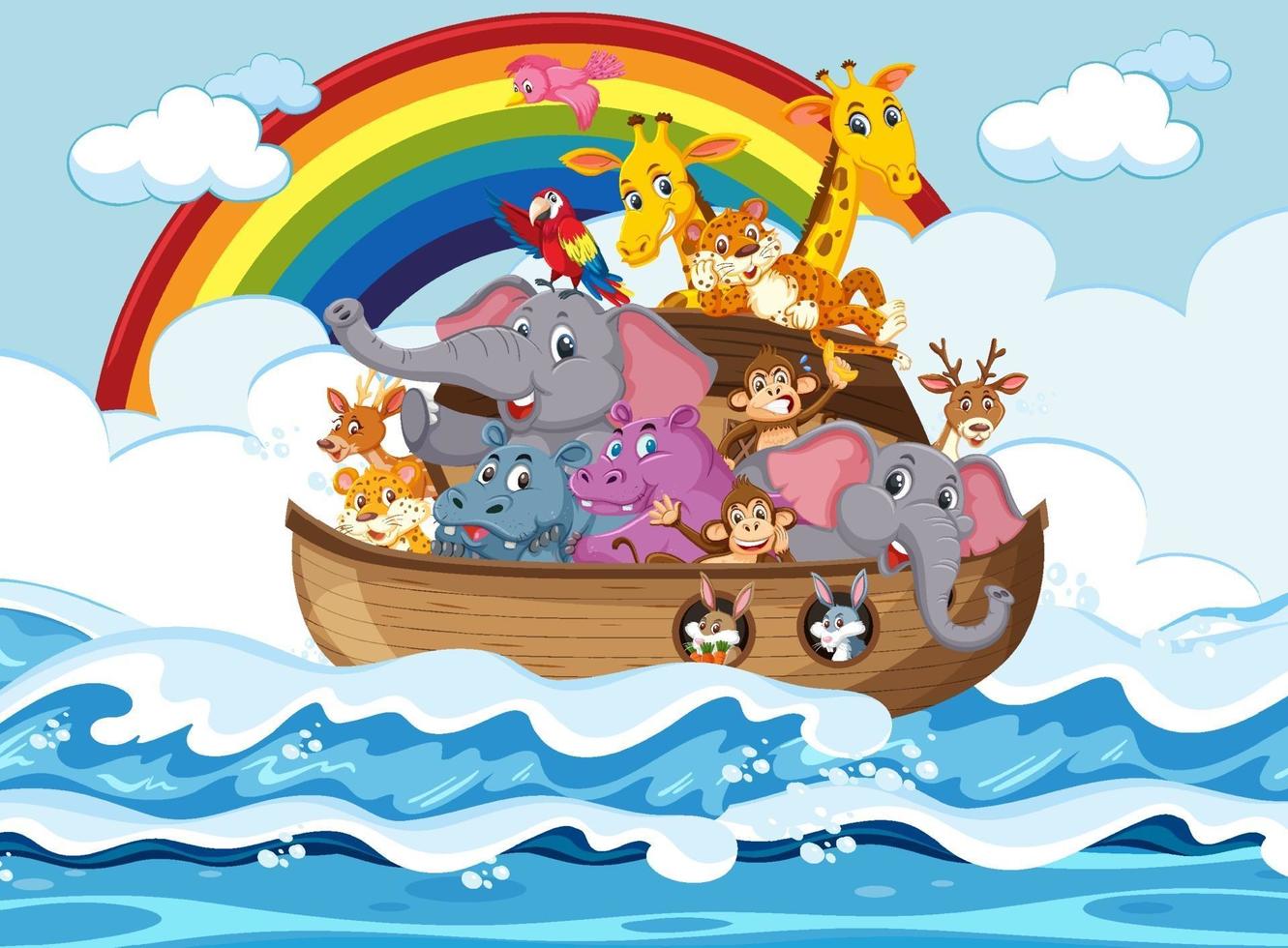 Animals on Noah's ark floating in the ocean scene vector