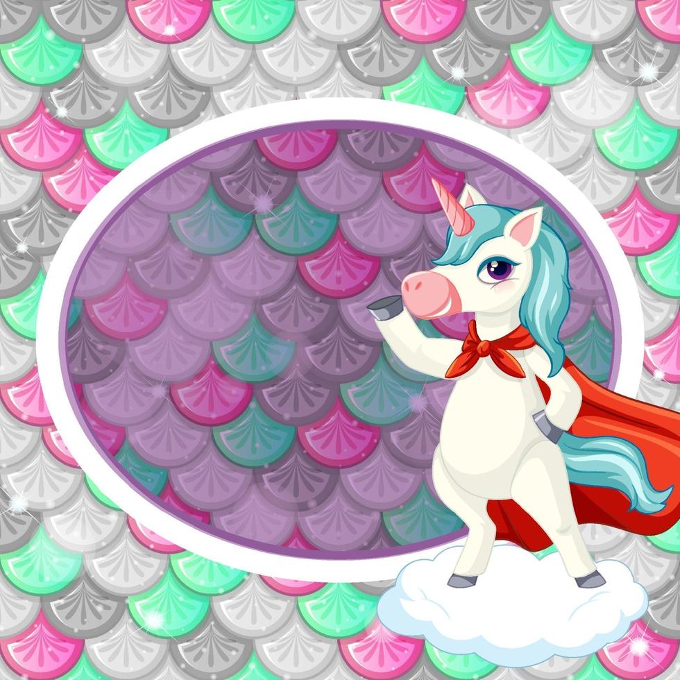 Oval frame template on colourful fish scales background with cute unicorn cartoon character vector