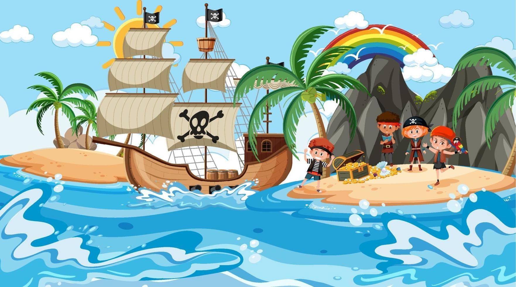 escena de la isla del tesoro durante el día con niños piratas vector