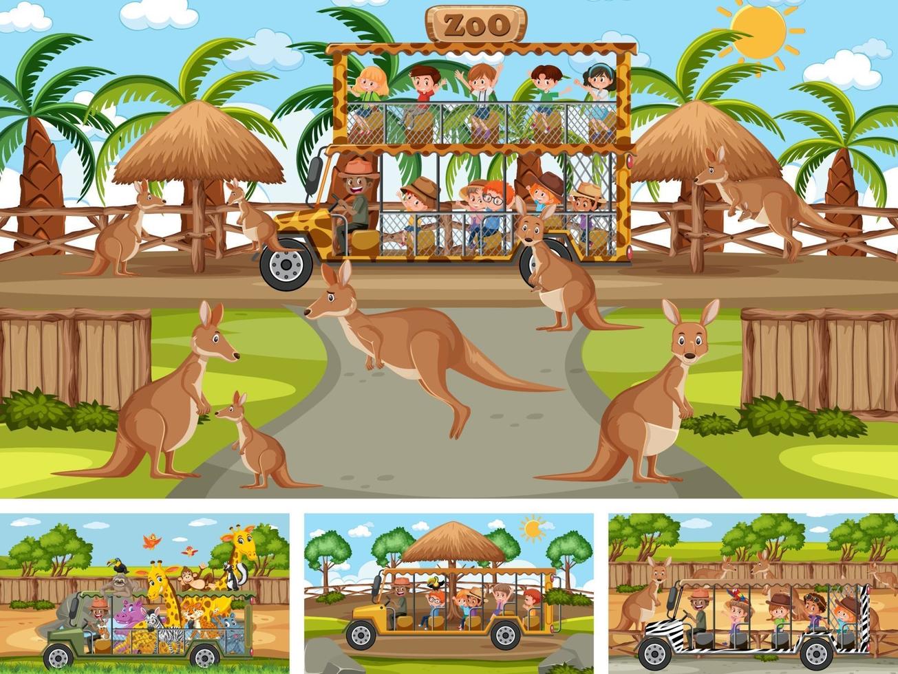 Cuatro escenas de zoológico diferentes con niños y animales. vector