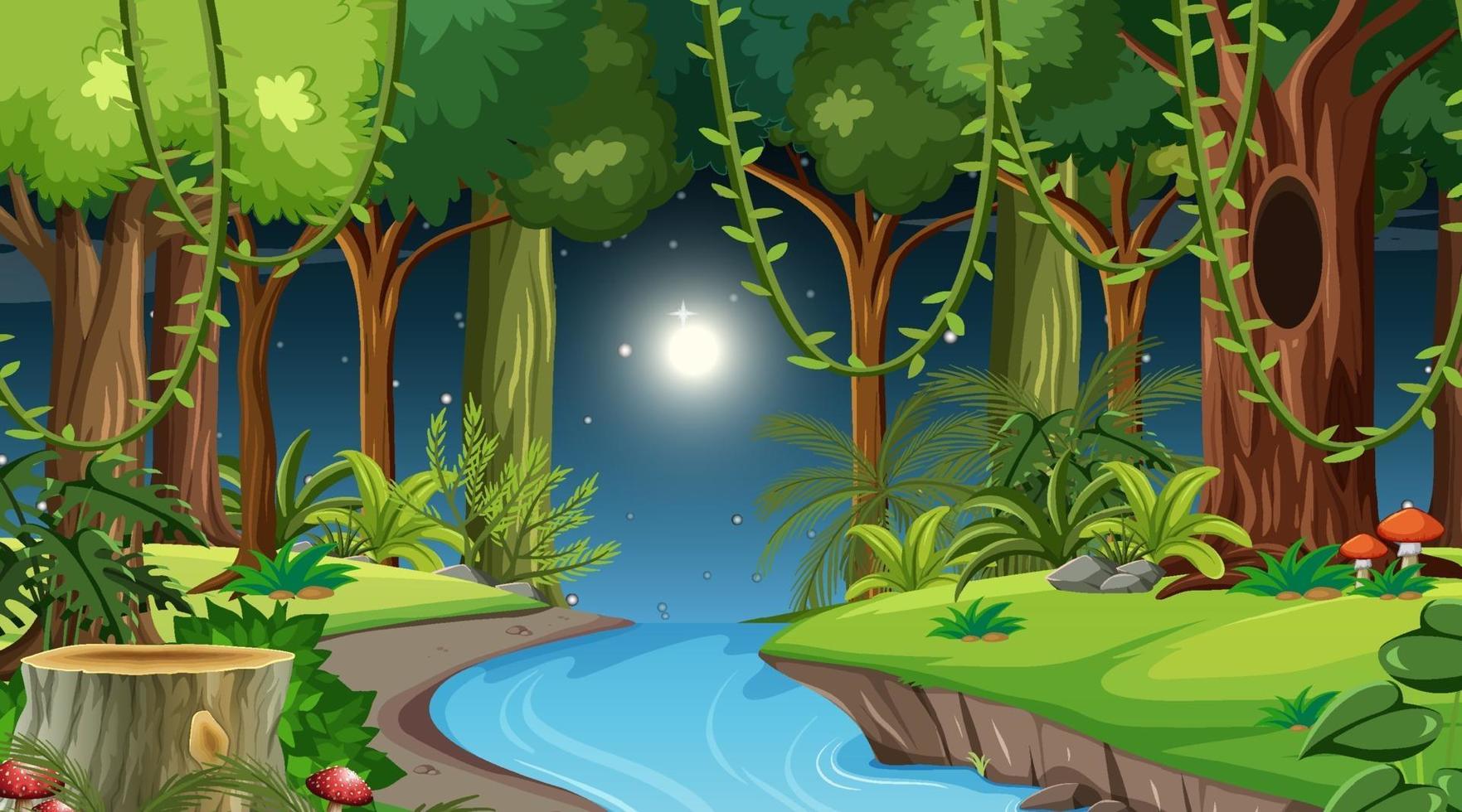 Forest landscape scene at night with many different trees vector