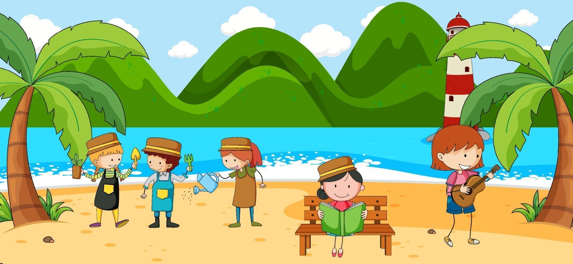 Escena de playa con muchos niños doodle personaje de dibujos animados vector