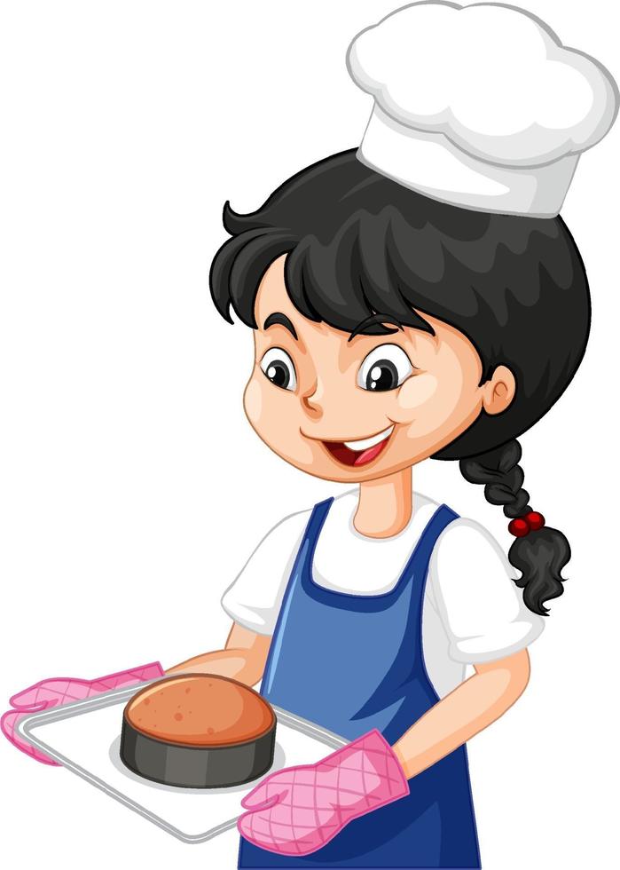 Chef chica con gorro de cocinero sosteniendo bandeja para hornear vector