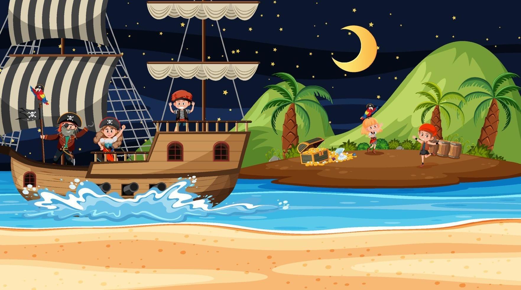 Treasure Island scene at night with Pirate kids on the ship vector