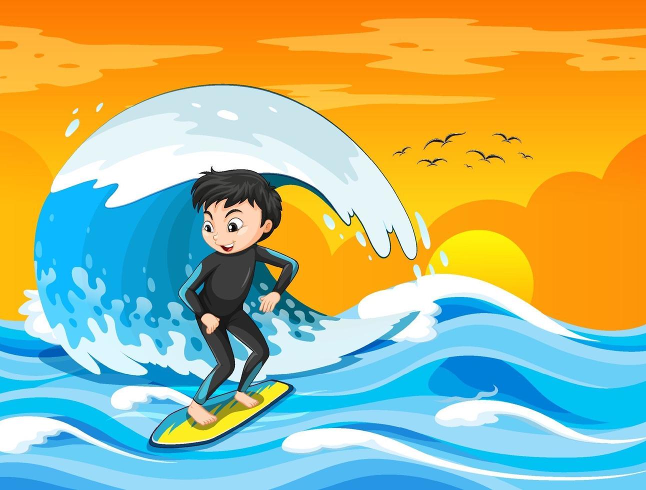 gran ola en la escena del océano con un niño de pie sobre una tabla de surf vector