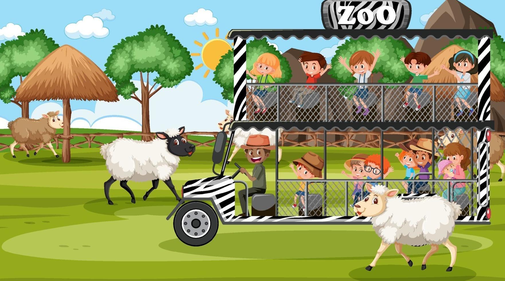 Safari at daytime scene with children watching sheep group vector