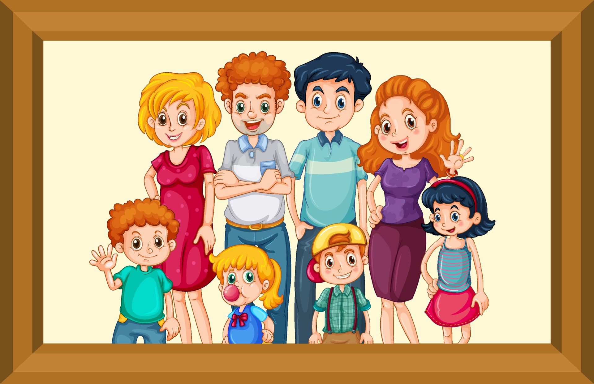 Happy big family photo on wooden frame 2211594 Vector Art at Vecteezy