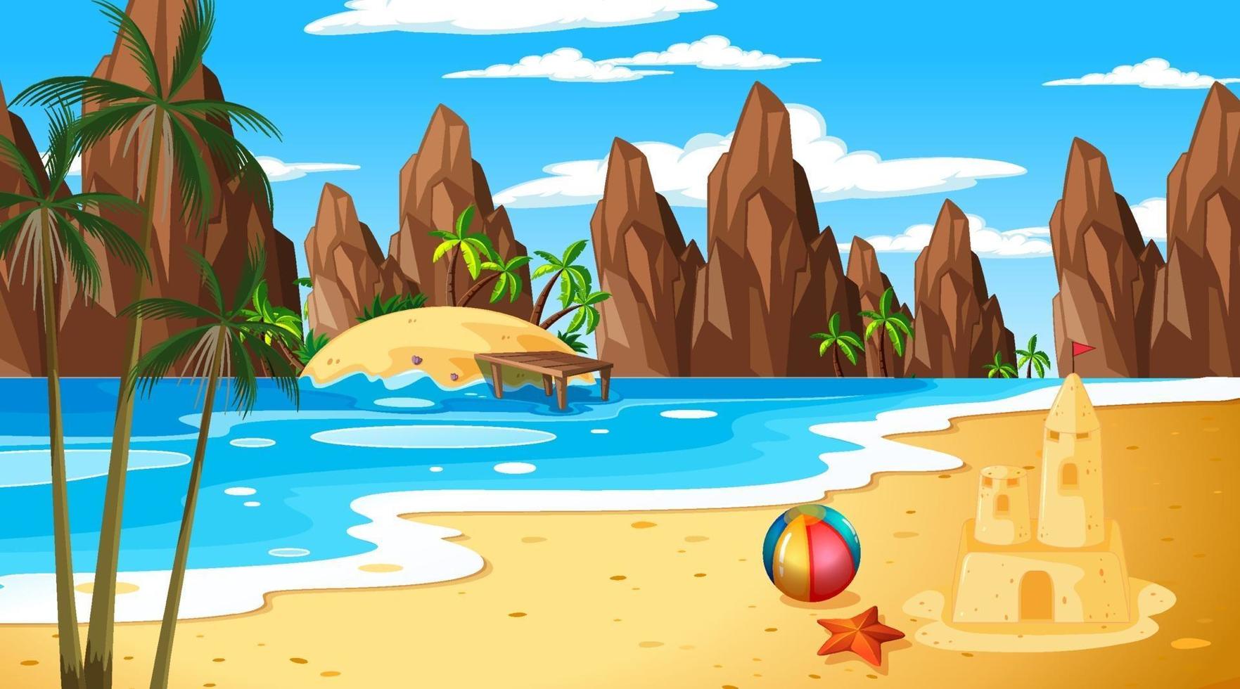 Escena de paisaje de playa tropical con castillo de arena vector