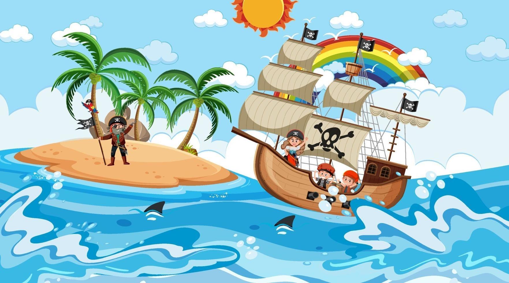 playa con barco pirata en la escena diurna en estilo de dibujos animados vector