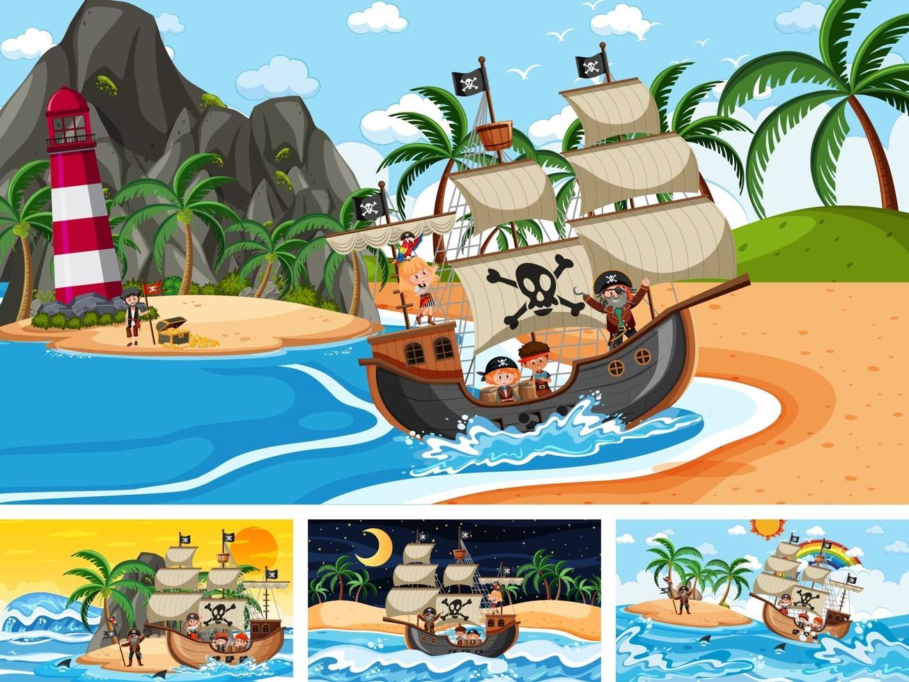 conjunto de diferentes escenas de playa con barco pirata y personaje de dibujos animados pirata vector