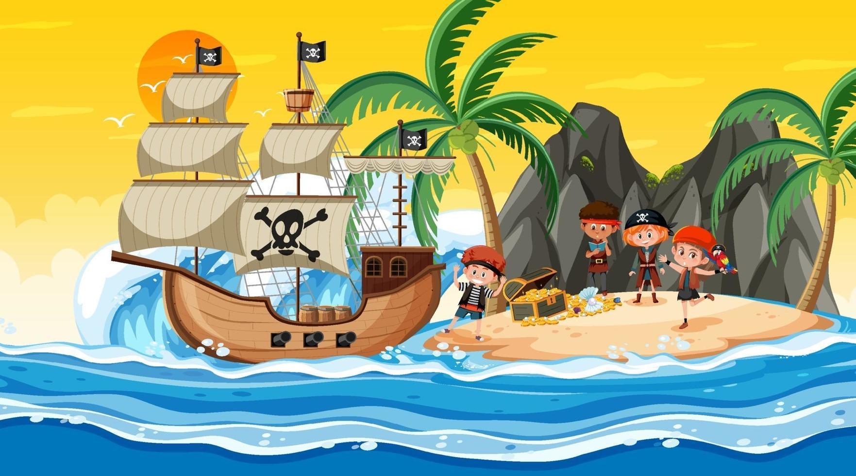 escena de la isla del tesoro al atardecer con niños piratas vector