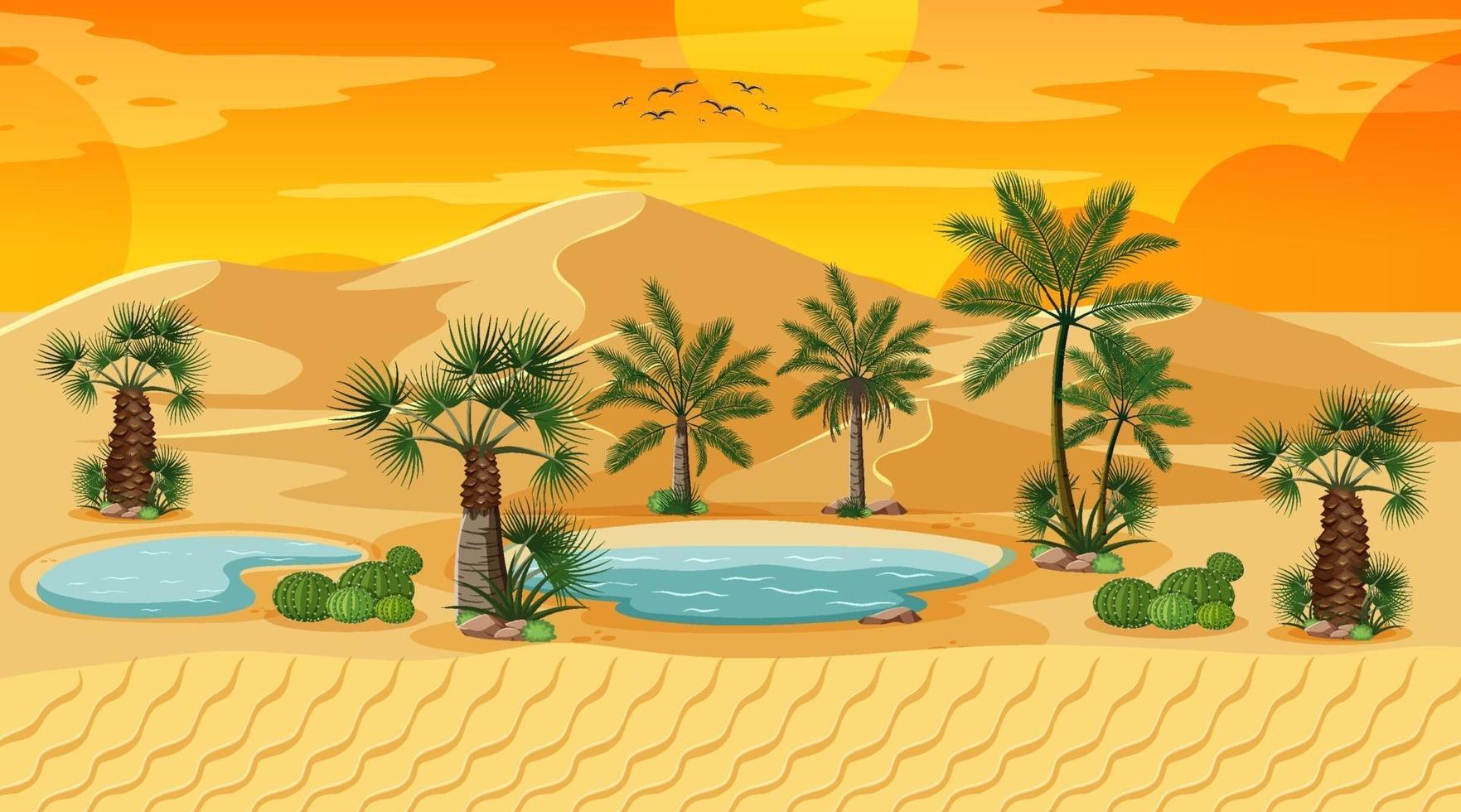 paisaje de bosque desértico en la escena del atardecer con oasis vector