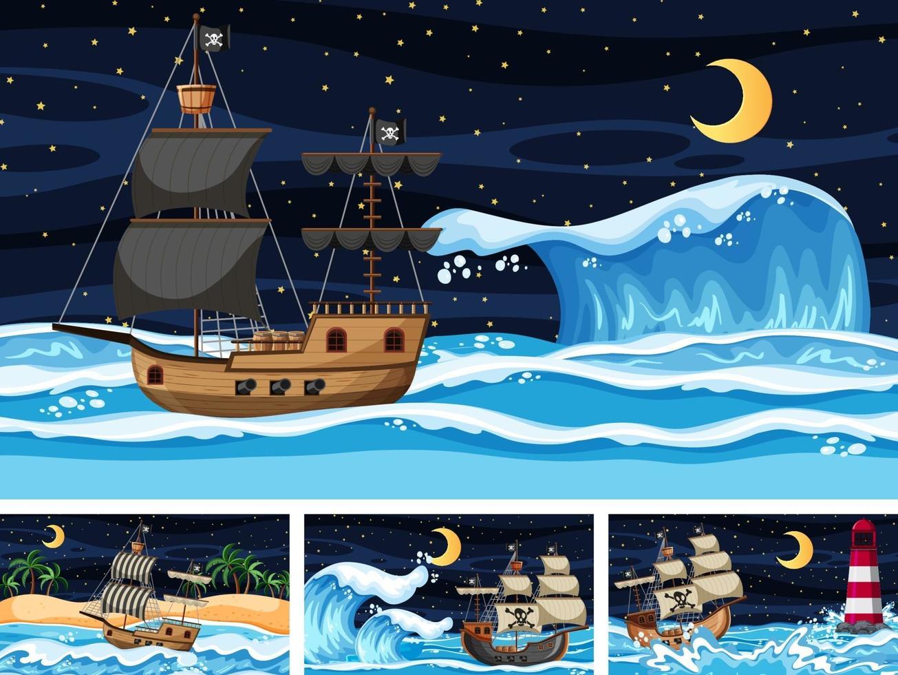 Cuatro escenas de playa diferentes con barco pirata. vector