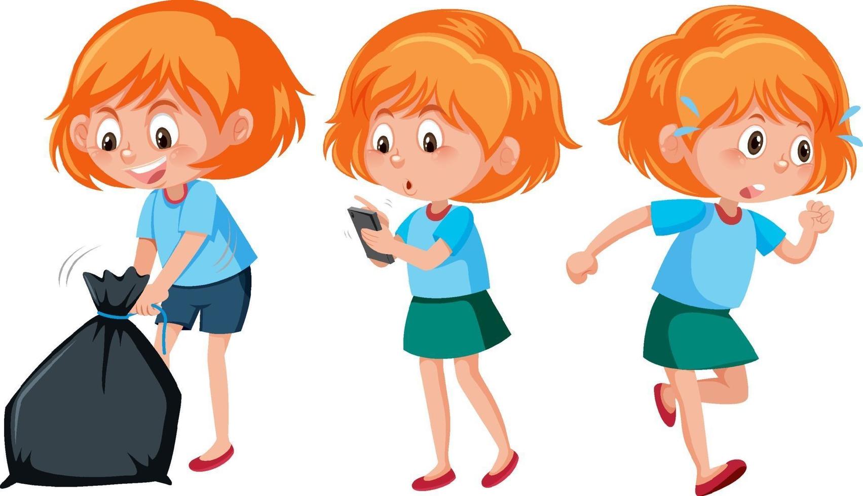 personaje de dibujos animados de una niña haciendo diferentes actividades vector