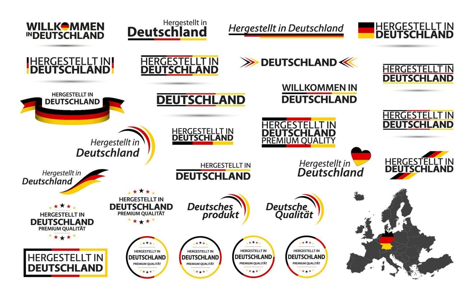 Big vector set of German ribbons, symbols, icons and flags isolated on a white background. Made in Germany. Welcome to Germany. Premium quality. German tricolor set for your infographics and templates