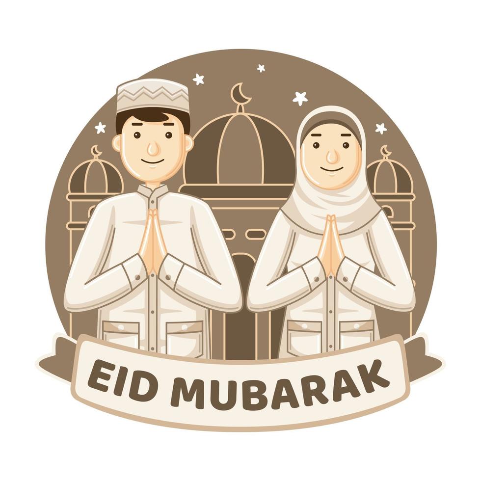 saludo de eid mubarak con gente sonriente vector