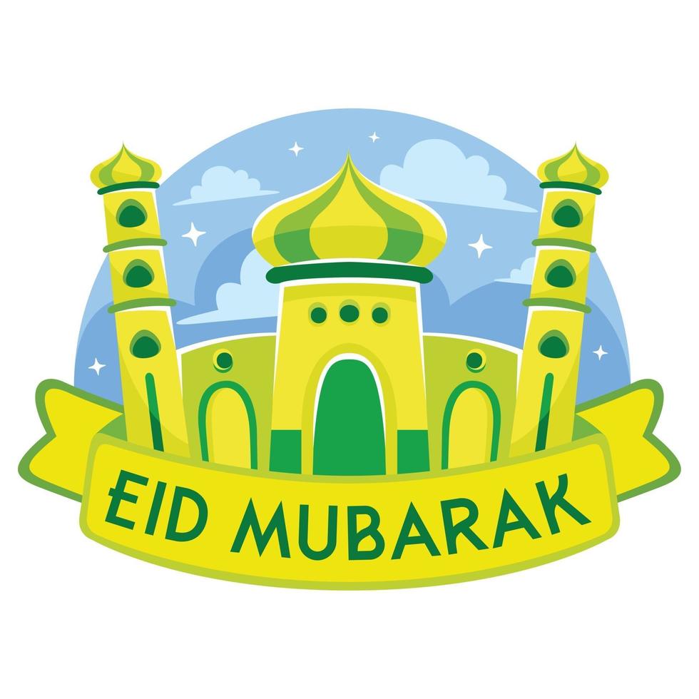 saludo de eid mubarak con estilo de diseño plano de mezquita vector