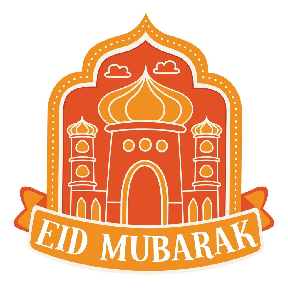 Eid mubarak greeting with mosque flat design style vector