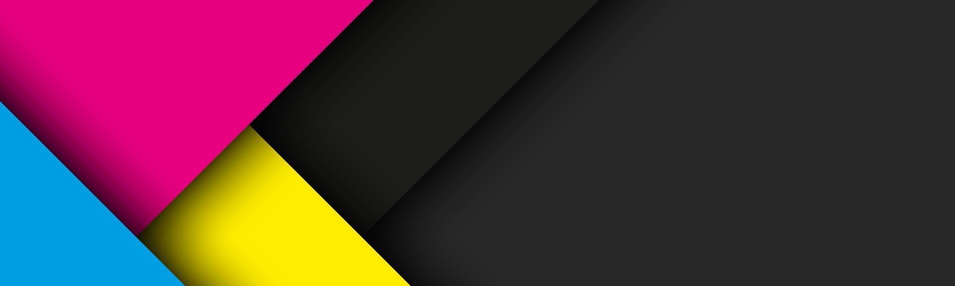 Fondo de material moderno negro con hojas de papel superpuestas en colores cmyk. plantilla para su negocio. vector de fondo de pantalla panorámica abstracta