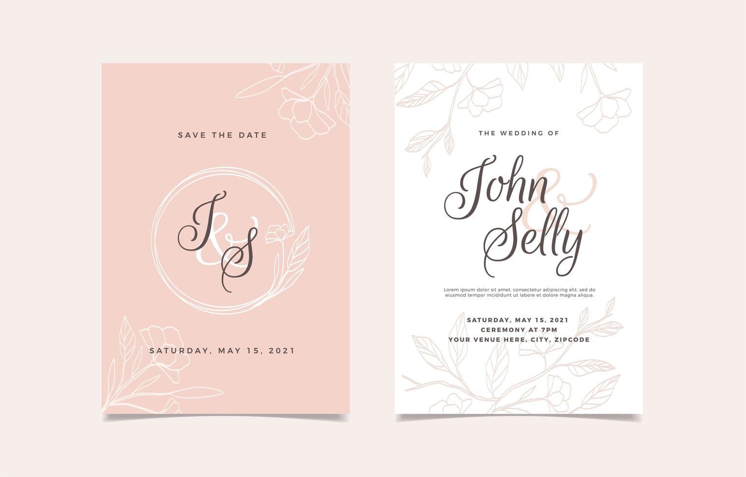 Hand Drawn Wedding Invitation with Floral Line vector