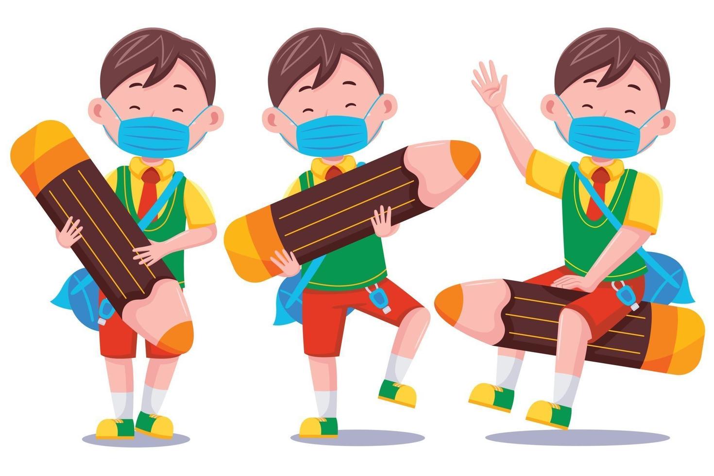 Cute School Boy wearing a face mask set vector