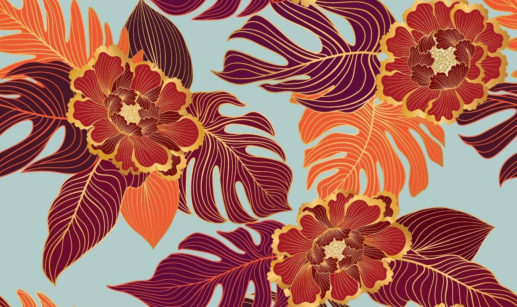 patrón floral transparente con hojas y flores tropicales. naturaleza exuberante fondo. florecer la textura del jardín con hojas de arte lineal vector