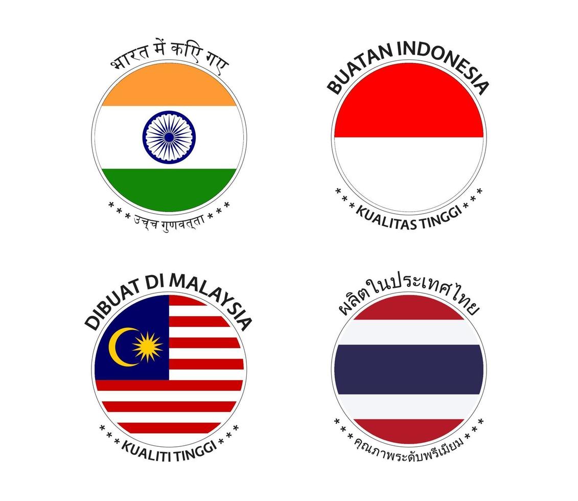 conjunto de cuatro pegatinas indias, indonesias, malayas y tailandesas. fabricado en india, fabricado en indonesia, fabricado en malasia y fabricado en tailandia. iconos simples con banderas aisladas sobre un fondo blanco vector