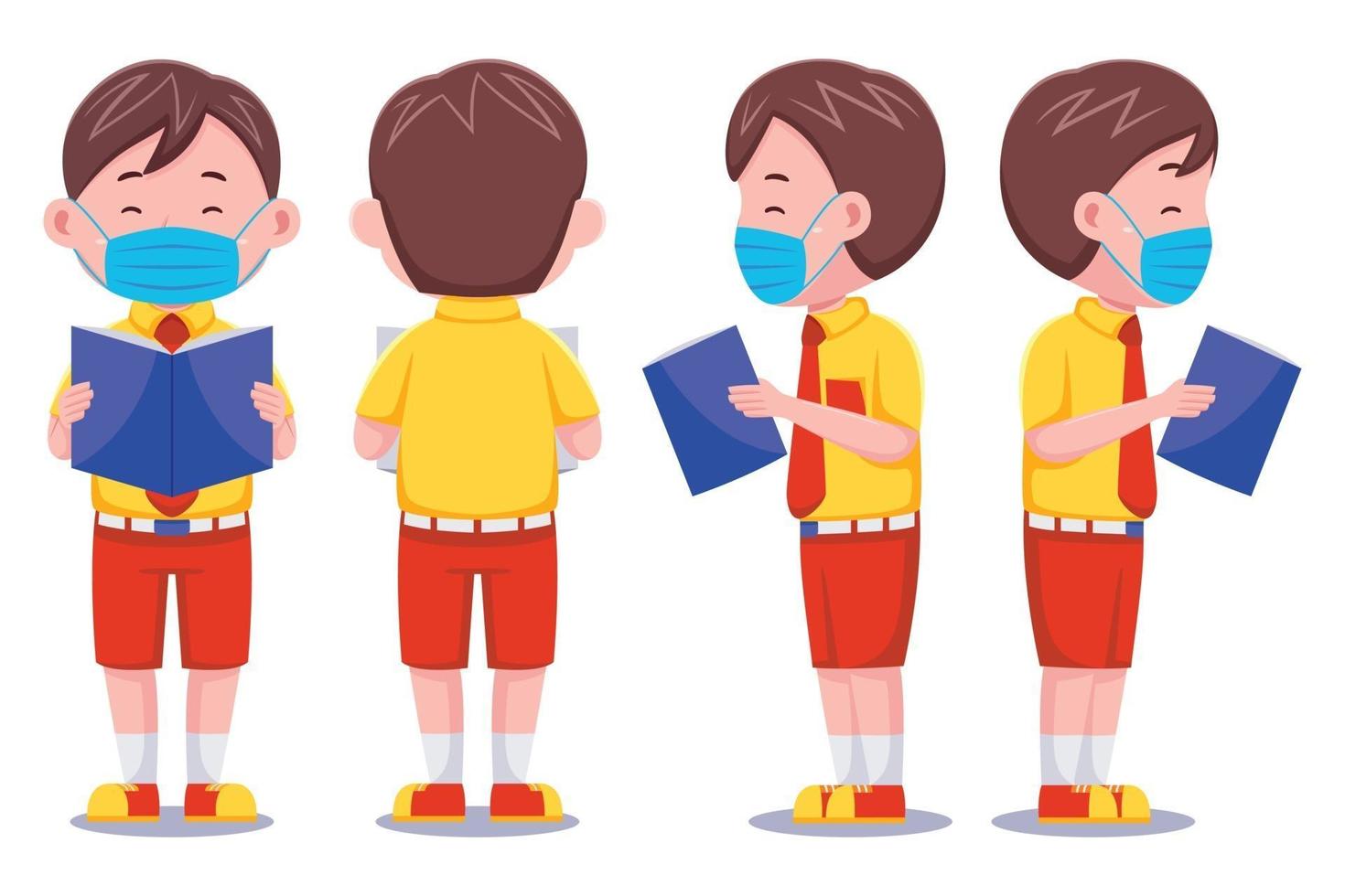Cute School Boy with Face Mask Set vector