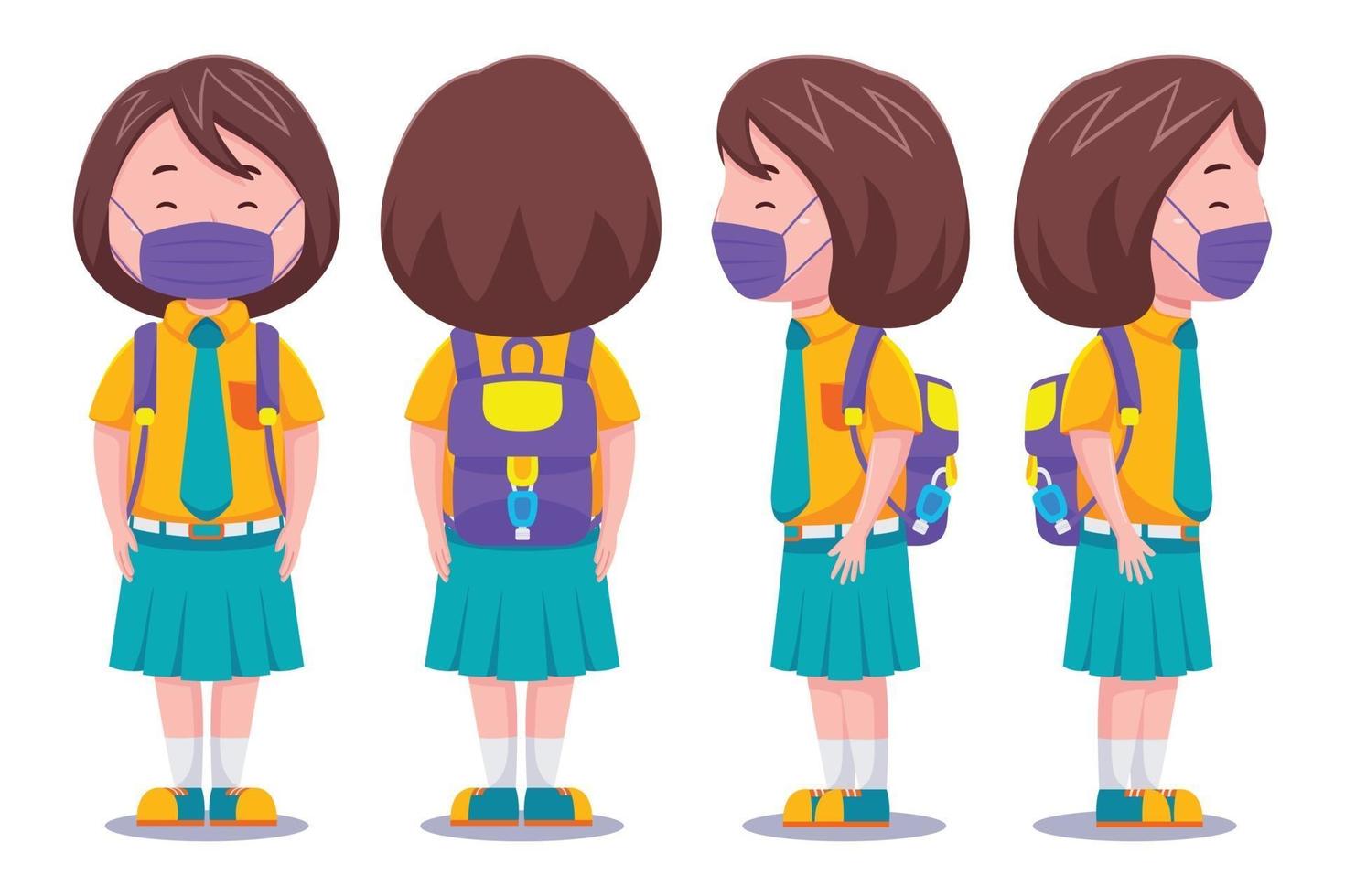 Cute School Girl With Face Mask Set vector