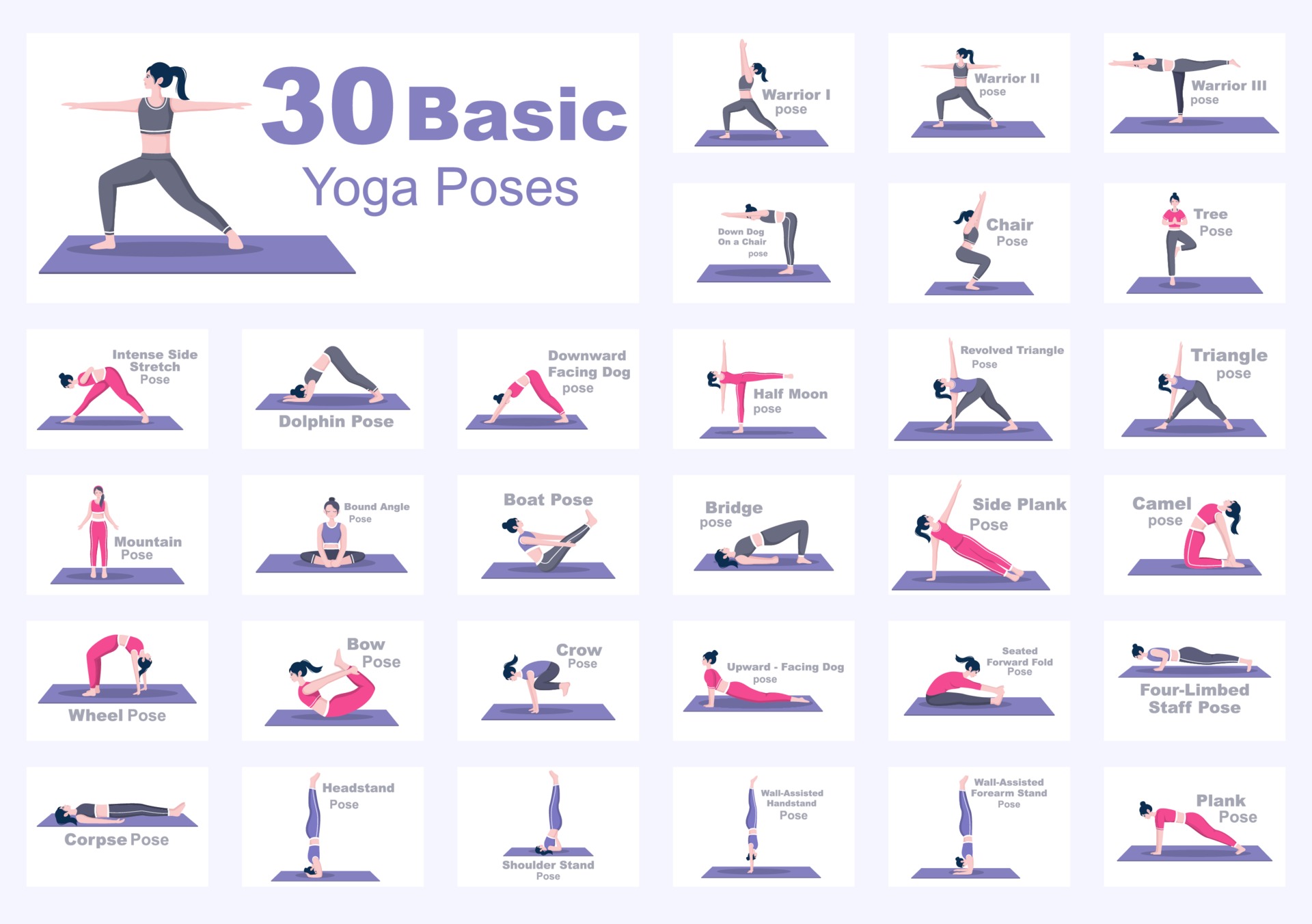 30 Yoga Poses and Fitness Exercises Illustration 2211807 Vector