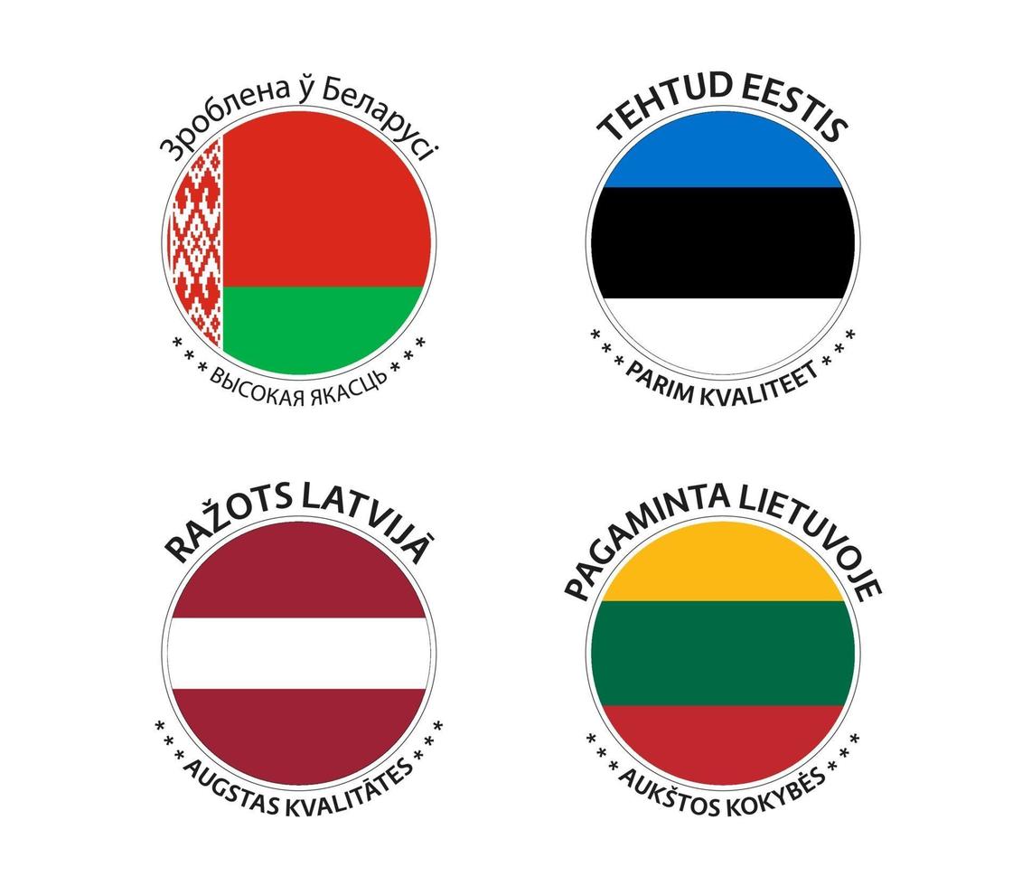 Set of four Belarussian, Estonian, Latvian and Lithuanian stickers. Made in Belarus, Made in Estonia, Made in Latvia and Made in Lithuania. Simple icons with flags isolated on a white background vector