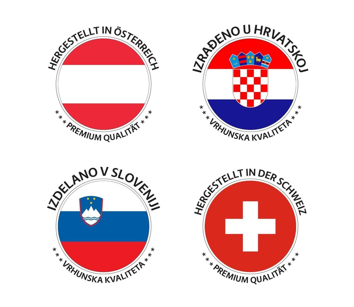 Set of four Austrian, Croatian, Slovenian and Swiss stickers. Made in Austria, Made in Croatia, Made in Slovenia and Made in Switzerland. Simple icons with flags isolated on a white background vector