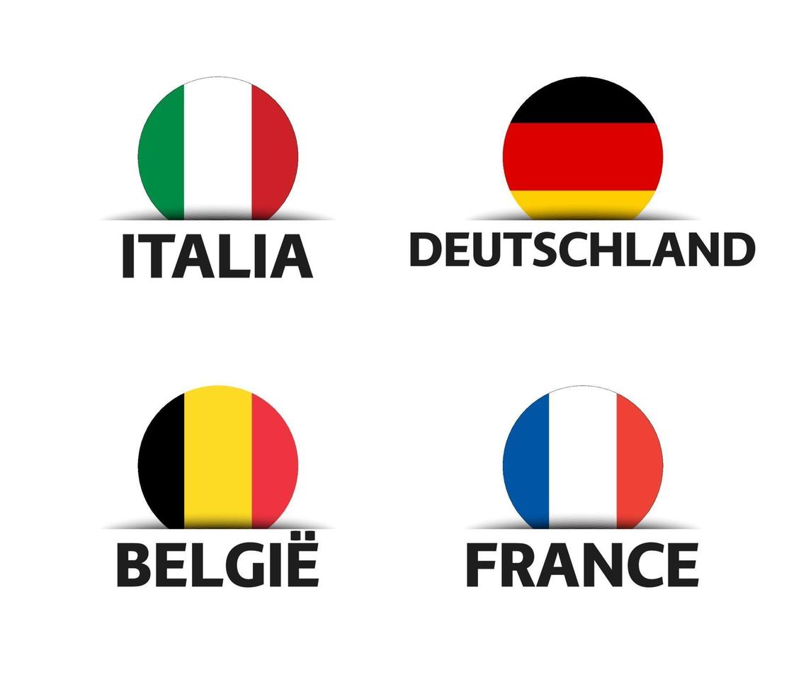 juego de cuatro pegatinas italianas, alemanas, belgas y francesas. italia, francia, alemania y bélgica. iconos simples con banderas aisladas sobre un fondo blanco vector