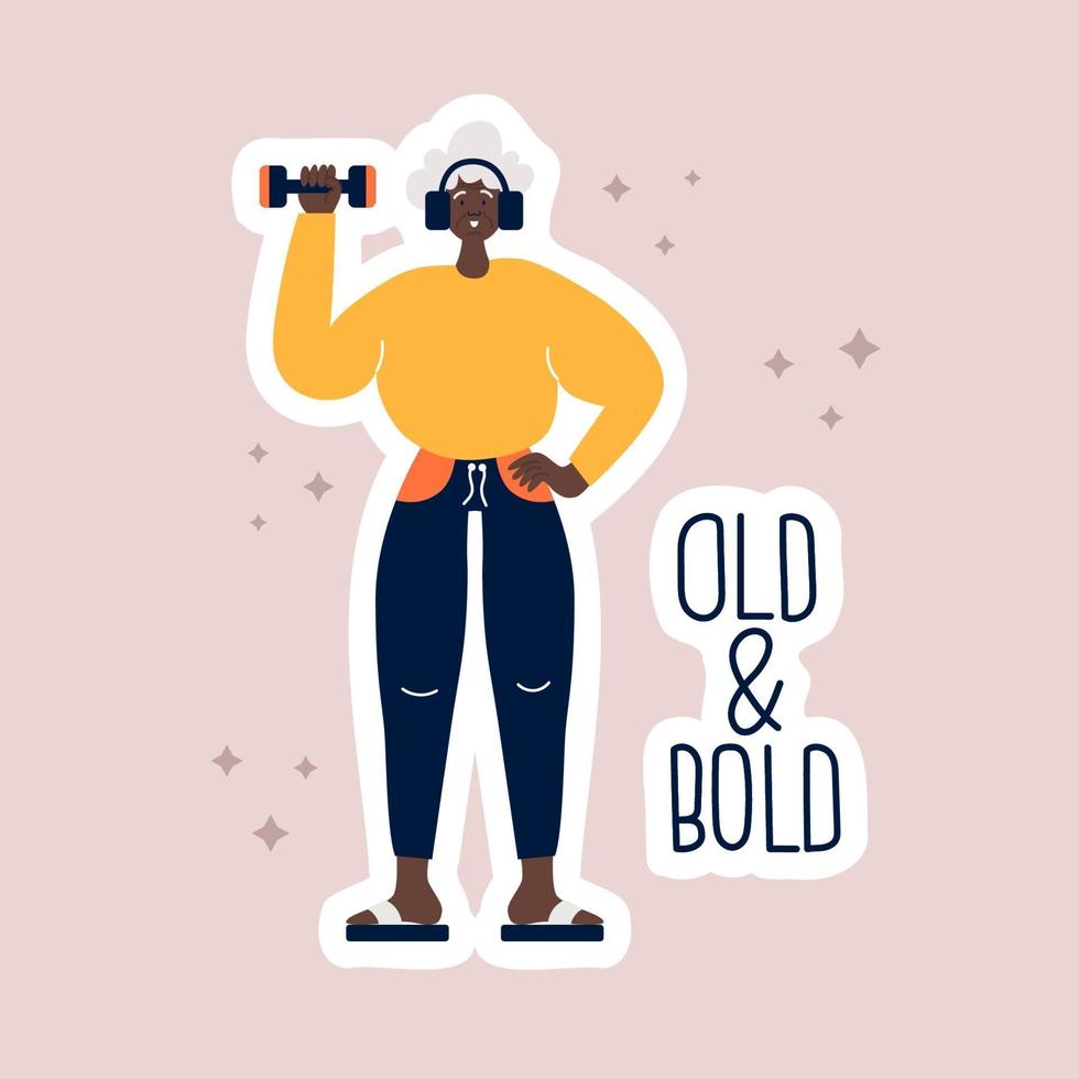 Sporty old woman and lettering flat vector. vector