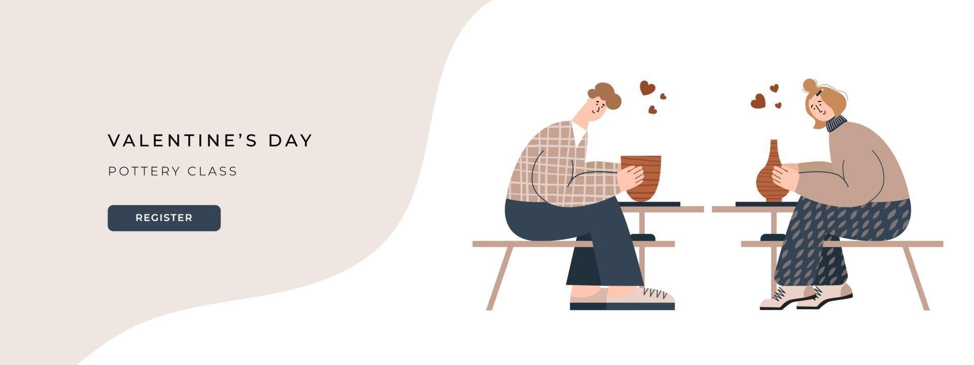 Valentine's day pottery class vector illustration. Website banner for ceramics studio. Flat vector illustration of a couple crafting pots. Romantic date idea. People in relationship on pottery class.