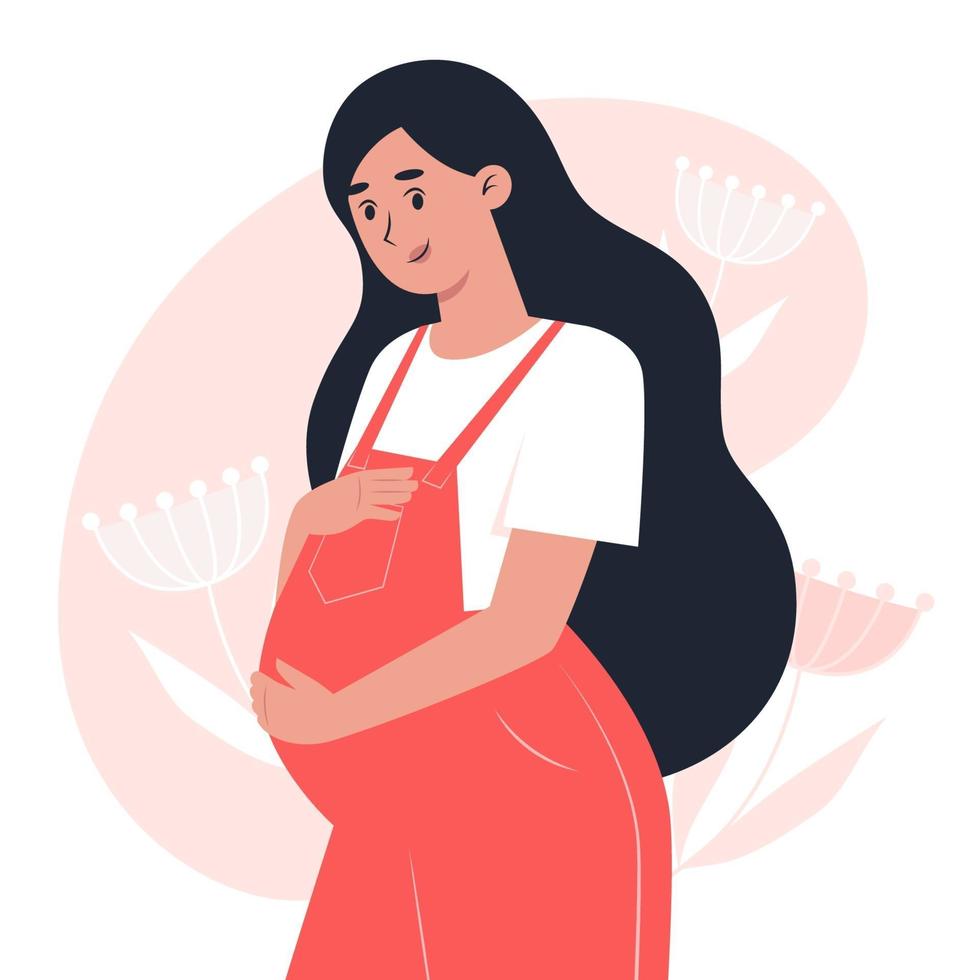 Young pregnant woman in overalls hugging belly with hands, pregnancy and motherhood vector