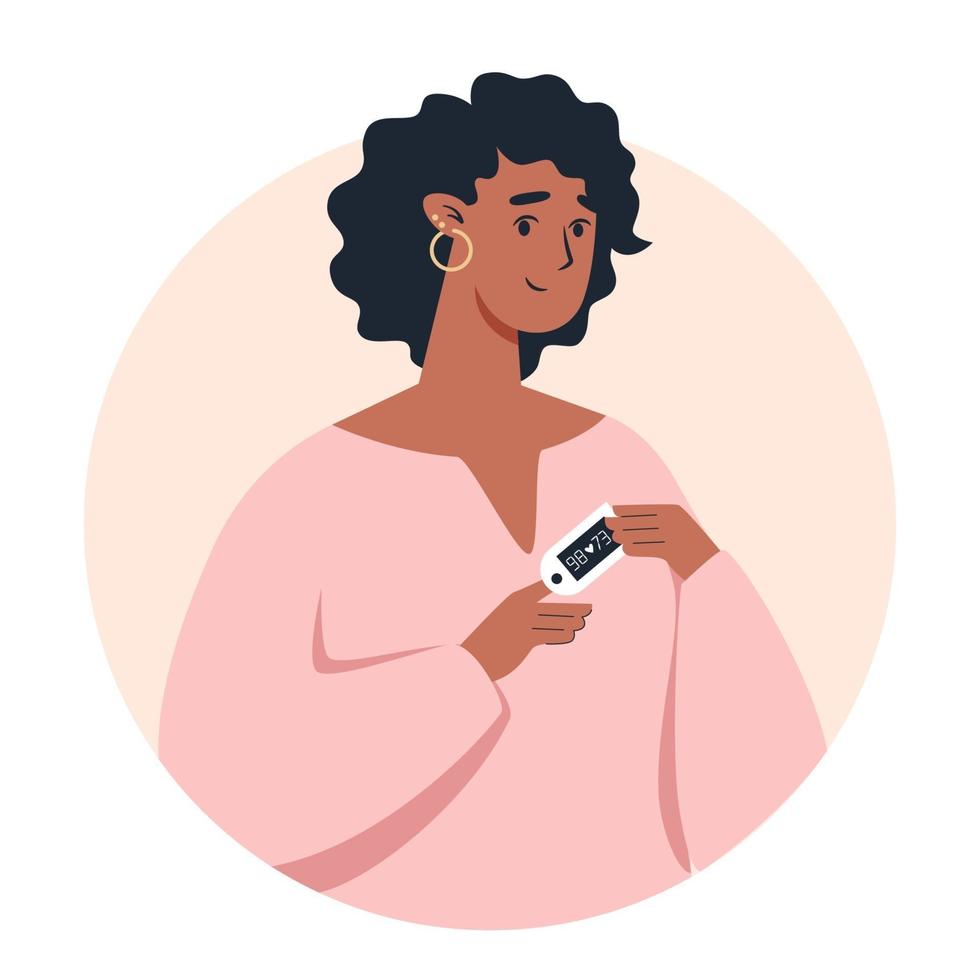 mujer negra, utilizar, pulsioxímetro, dispositivo, en, dedo vector