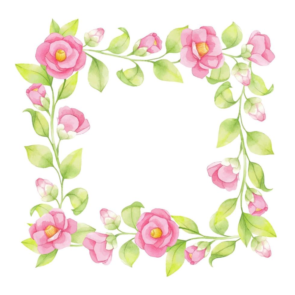 Watercolor spring frame of pink flowers and green twigs, leaves isolated on white background vector