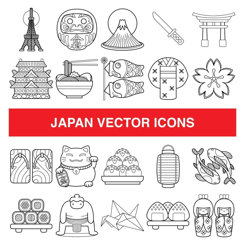 Japan vector icons in outline design style.