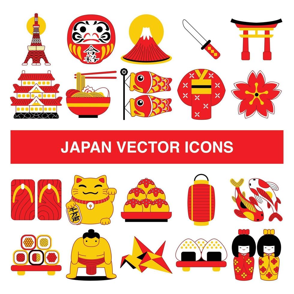 iconos de vector de Japón en estilo de diseño de contorno relleno.