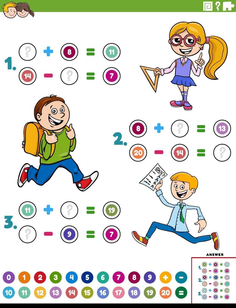 Tarea educativa de suma y resta de matemáticas con niños. vector