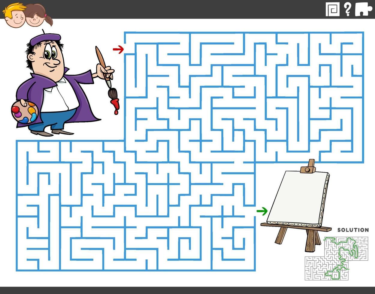 maze educational game with cartoon painter and easel vector